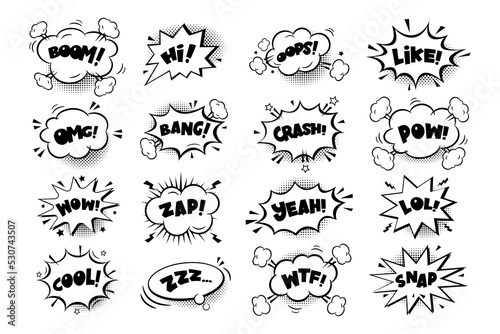 Сomic speech bubbles stickers with text, cloud, stars on white  background. Pop art vector cartoon illustration in retro style. Design for comic book, poster, banner, card