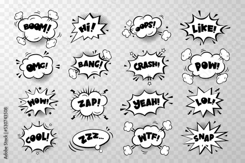 Сomic speech bubbles stickers with text, cloud, stars on transparent   background. Pop art vector cartoon illustration in retro style. Design for comic book, poster, banner, card