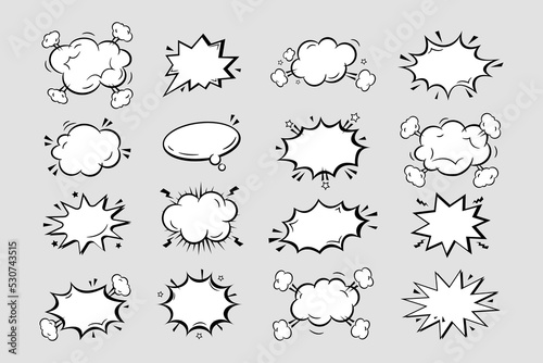 Hand drawn collection of empty comic speech bubbles stickers with cloud, stars isolated on grey. Pop art vector cartoon illustration in retro style. Design for comic book, poster, banner, card