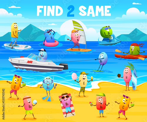 Find two same cartoon vitamin characters on summer beach vacation. Children riddle, quiz game vector worksheet with sunbathing, diving, windsurfing and kayaking A, B, C and D vitamins pills personages