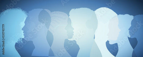 Group diversity silhouette multiethnic people from the side. Community of collaborators or colleagues. Concept of bargain agreement or pact. Collaborate. Co-workers. Harmony. Organization