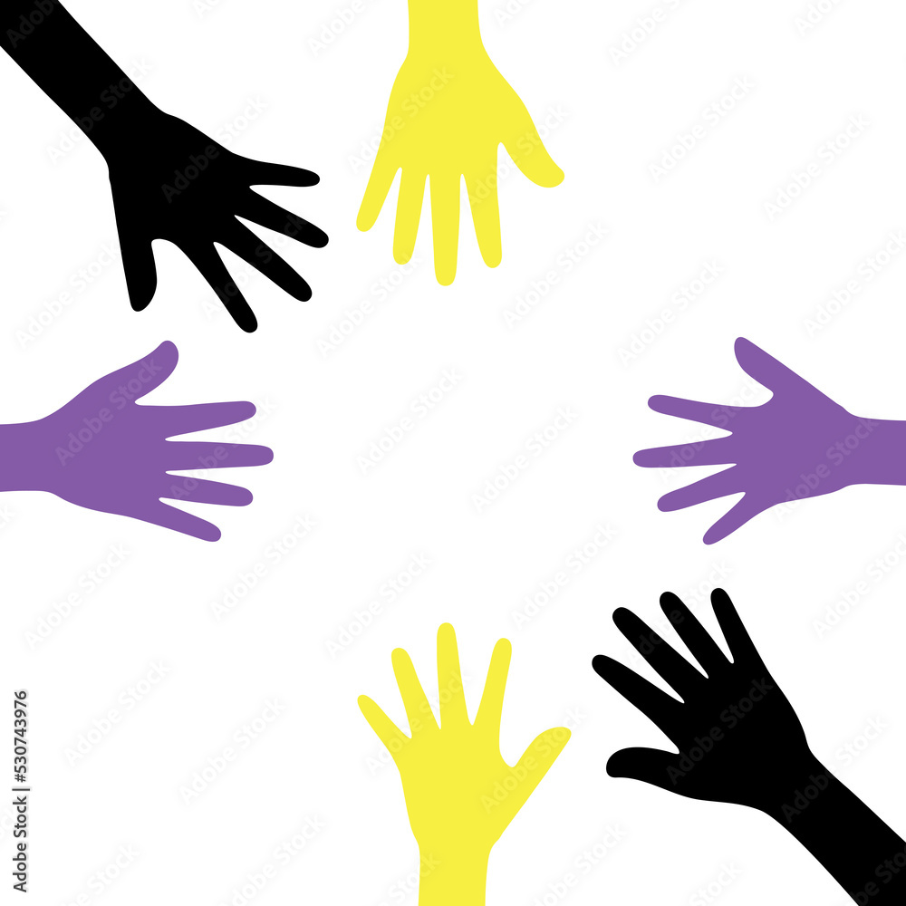 Silhouette of yellow, white, purple and black colored hands, as the colors of the non-binary flag, putting together. Flat design illustration.