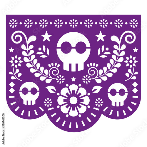Halloween party Papel Picado decoration with skulls, Mexican fiesta vector design, traditional paper cutout background 
