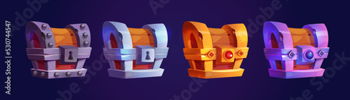 Treasure chests, game trunks, wooden boxes with iron, silver, gold and platinum forgery. Trophy, magic assets, level winners reward. Pirate loot, gui design elements, Cartoon vector illustration, set