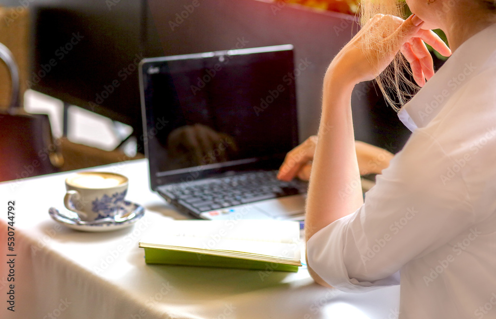 Fototapeta premium Banner with a woman working on a laptop in a summer cafe. Business. View from the back. Modern technology concept