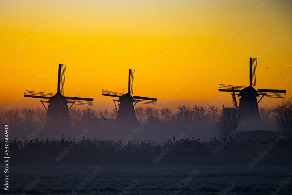 Windmills in a misty sunrise