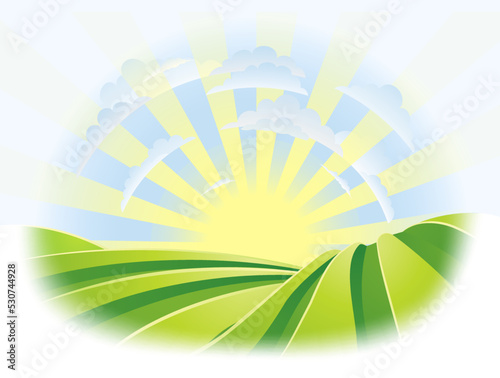 A rolling hills field sunrise sky farm landscape illustration