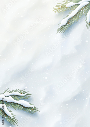 Vector banner with realistic snow and fir tree branches. Vector illustration with top view on realistic snow texture and fir tree branches.