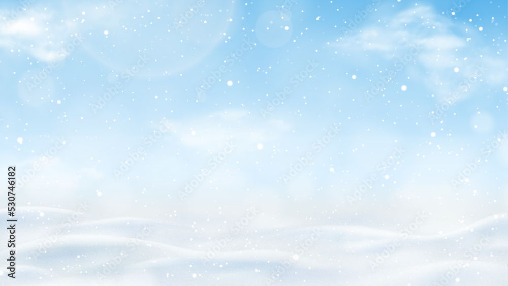 Vector illustration of winter landscape. Realistic texture of winter snow with snowdrifts, snowflakes and clouds. 3d vector illustration with frozen hills covered snow. Winter desert.