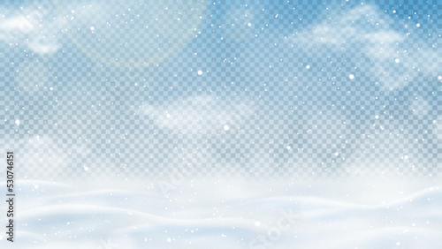Winter landscape isolated on checkered background. Realistic texture of winter snow with snowdrifts, snowflakes and clouds. 3d vector illustration with frozen hills covered snow. Winter desert.