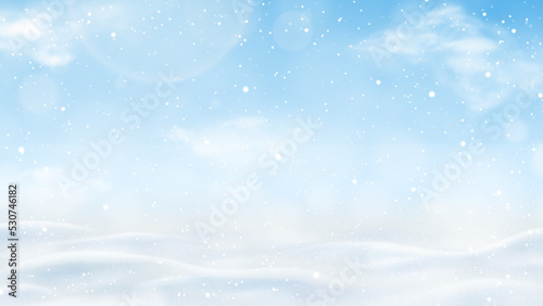 Vector illustration of winter landscape. Realistic texture of winter snow with snowdrifts, snowflakes and clouds. 3d vector illustration with frozen hills covered snow. Winter desert. © Yaran