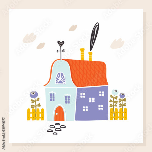 Hand drawn cartoon house with a fence, garden, weathervane. Vector flat illustration