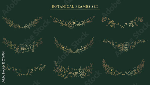 Botanical Frame set . Gold line hand drawn floral borders and divider with branch vector illustration. Elegant line wedding herb, elegant leaves for invitation save the date card.