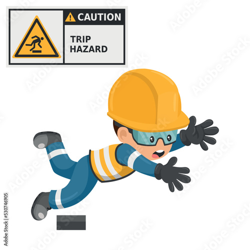 Industrial worker with trip hazard sign warning. Caution icon and pictogram. Work accident. Worker with personal protective equipment. Industrial safety and occupational health at work