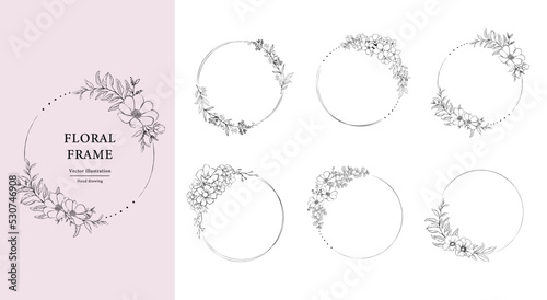 Floral Frame set . Hand drawn Botanical vector illustration. Round fower wreath Black and white.