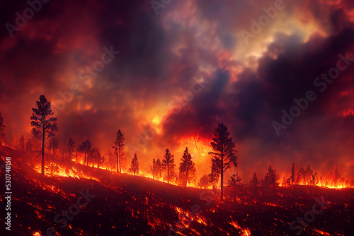 Waldbrand mit B  umen im Feuer
