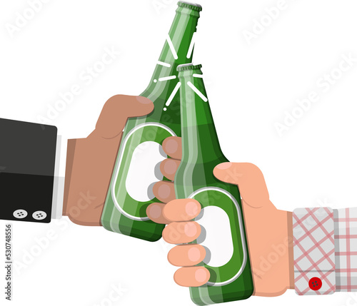 Canvas Print Bottle of beer in hand. People clink and toast.
