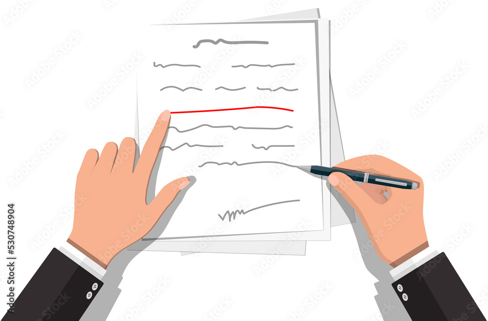 Hands of author with pen working on document