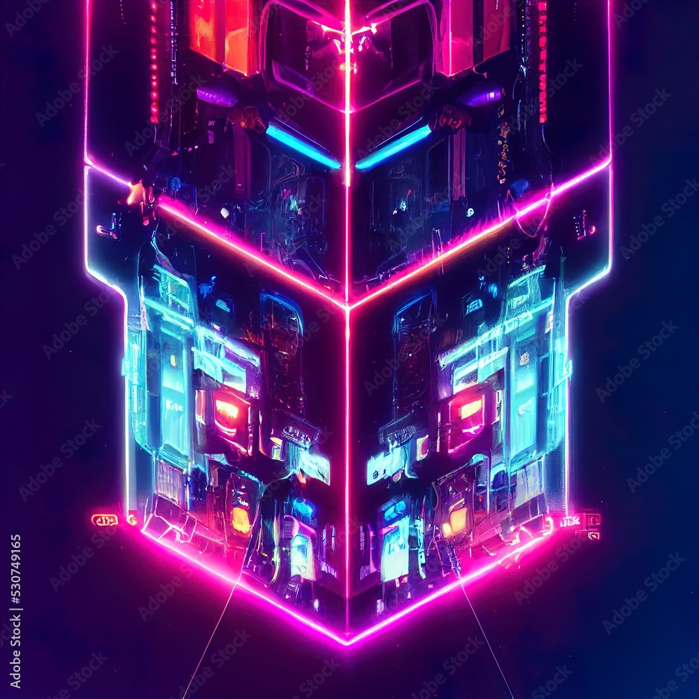 Abstract Future Neon Cyberpunk Urban Scene. Grunge Futuristic concept. Neon future. 3D illustration.