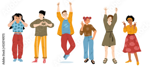 Happy young people showing positive emotions with gestures. Set of flat characters making hand heart, thumbs-up, ok and victory sign. Body language. Vector illustration isolated on white background