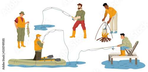 Set of men fishing isolated on white background. Collection of fishermen with rod standing near lake, in boat, sitting on pierce, cooking on open fire, enjoying outdoor hobby. Flat vector illustration