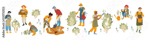 People work in garden, on farm or yard. Farmers gardening, water flowers, plant trees and harvest. Diverse men and women with shovel, scissors, watering can and spray, vector flat illustration