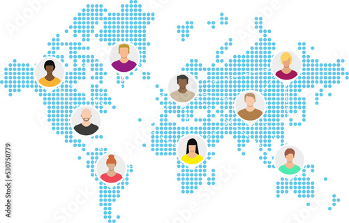 World map with people avatars, social netwroking photo