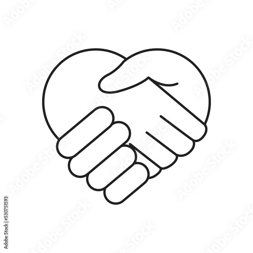 Heart handshake linear vector icon, white background

