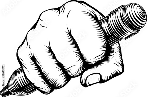 Woodcut Fist Hand Holding P...