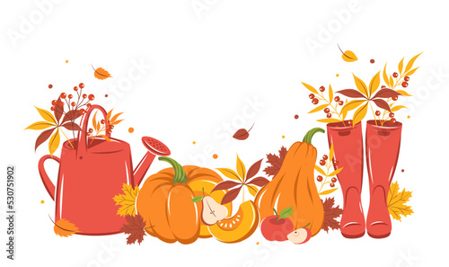 Hello autumn. Design banner with with pumpkin, wellies boots, watering can and autumn leaves. Vector illustration.
