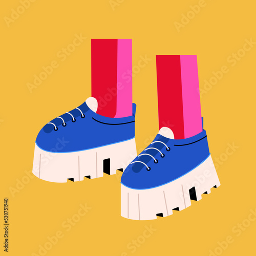 Blue sneakers with white soles on the feet. flat illustration of running shoes. An icon for a shoe store