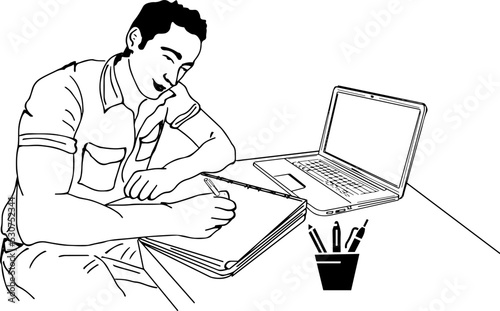 Student attending online class outline vector illustration, young boy attending online class on his laptop sketch drawing, online class on computer cartoon doodle drawing silhouette