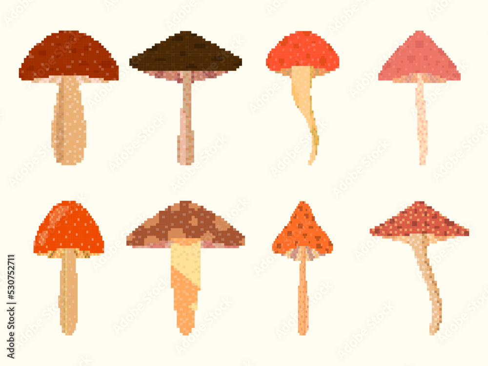 Pixel mushrooms icons set isolated on white background. Collection of mushrooms in 8 bit 2d style. Design for games, applications, banners and posters. Vector illustration