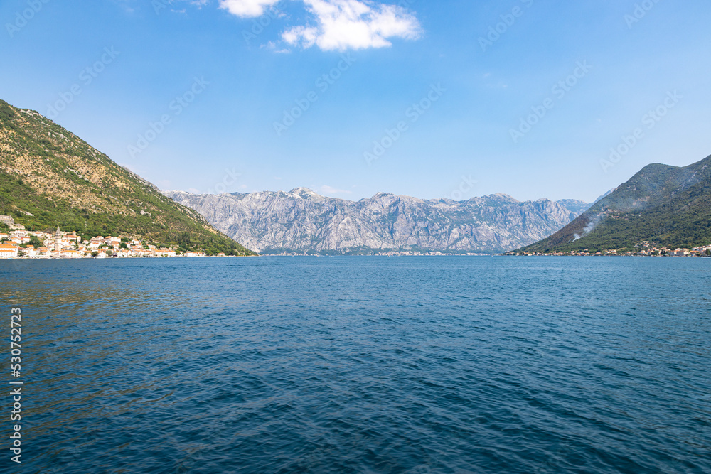 Beautiful landscape of Montenegro. View from the sea to mountain range.