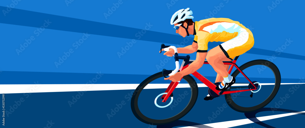 Fototapeta premium A cyclist rushes on a red gravel bike. In the gear. Road bike. Cycling team. Dynamic scene, high speed. Vector illustration. Blue background, parallel lines 