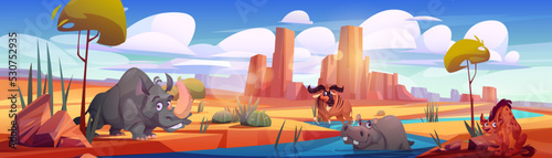African savannah with river and wild animals. Savanna landscape with sand, trees, cactuses, mountains, waterhole, rhino, hyena, hippo and wildebeest, vector cartoon illustration