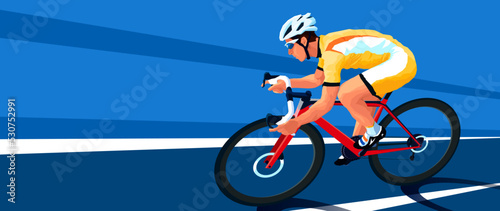 A cyclist rushes on a red gravel bike. In the gear. Road bike. Cycling team. Dynamic scene, high speed. Vector illustration. Blue background, parallel lines	
