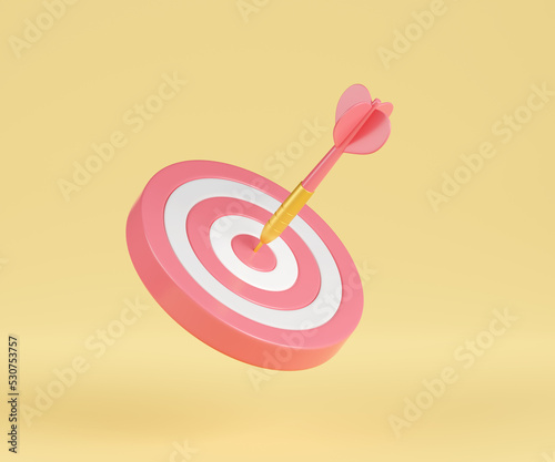 Target, dart 3d render, bullseye with arrow in center. Pink goal circle, aim, darts board. Business concept of success, accuracy, Archery sport or game, isolated Illustration in cartoon plastic style