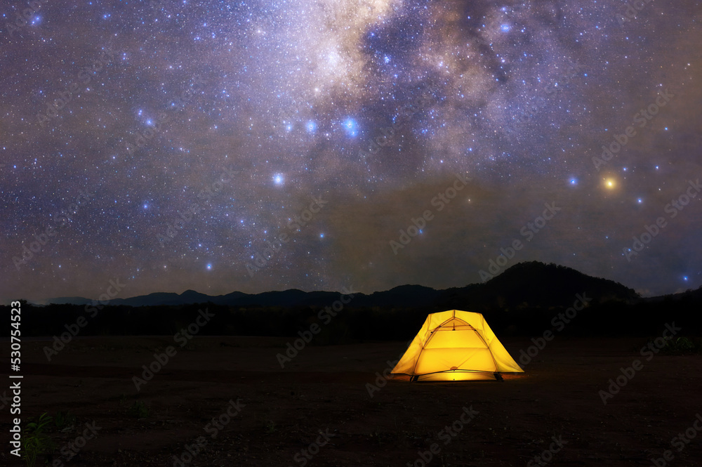Yellow tent under Milky Way Galaxy Lampang Thailand, Universe galaxy milky way time lapse, dark milky way, galaxy view, star lines, timelapse night sky stars on sky background.