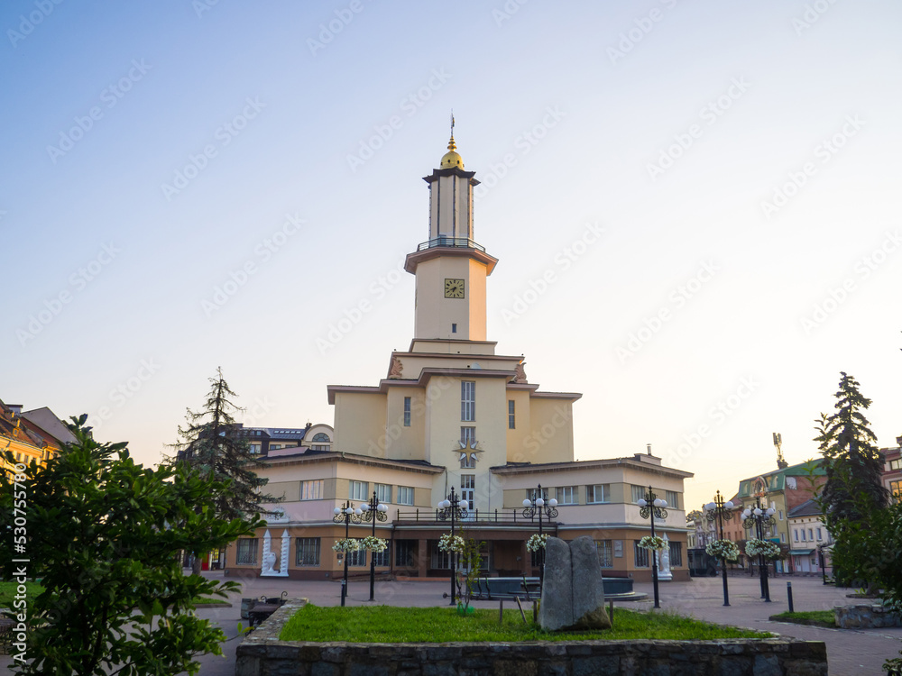 City Hall Building in the Art Deco style in Ivano-Frankivsk, Ukraine. Town Hall on the Market square in the historic center of Ivano-Frankivsk city on a summer morning.