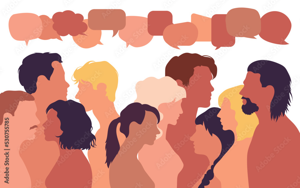 People of diverse racial and ethnic backgrounds with speech bubbles. Crowd. Cartoon heads on the side of an international group talking. Communication and Racial Equality.