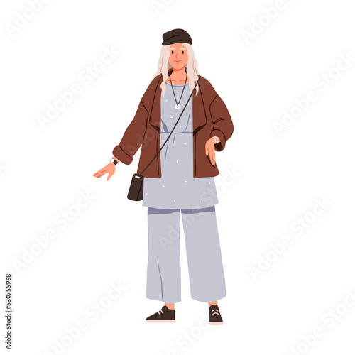 Modern senior woman wearing fashion clothes and accessories. Stylish elderly lady dressed in casual outfit, apparel. Aged old person. Flat graphic vector illustration isolated on white background
