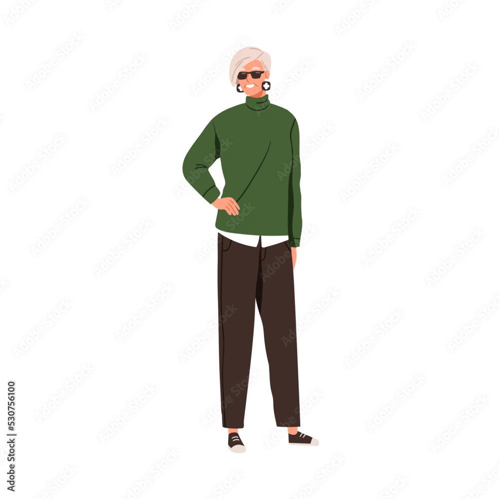 Modern elderly woman in fashion casual clothes. Happy smiling old lady wearing stylish apparel. Senior female character in sunglasses. Flat graphic vector illustration isolated on white background