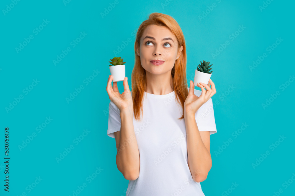 Emotional funny cute woman girl with a small cactus. Closeup face portrait isolated on blue background. Emotional funny cute woman girl with a small cactus. Closeup face portrait isolated on blue background.