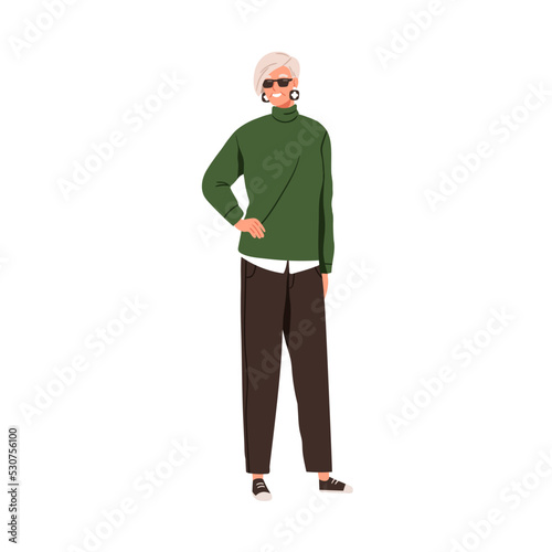 Modern elderly woman in fashion casual clothes. Happy smiling old lady wearing stylish apparel. Senior female character in sunglasses. Flat graphic vector illustration isolated on white background