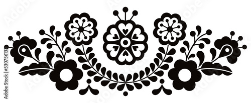 Mexican folk art style vector floral pattern long horizontal oriented, designs inspired by traditional embroidery from Mexico in black and white
 