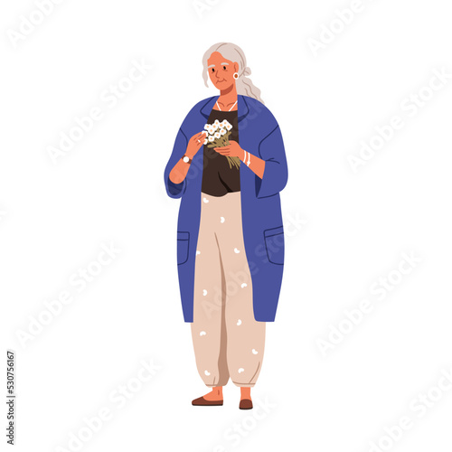 Senior woman with flower bunch. Modern elderly aged lady holding floral bouquet. Stylish old female wearing fashion casual clothes. Flat graphic vector illustration isolated on white background