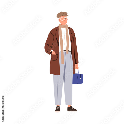 Senior old man wearing modern stylish clothes. Aged elderly male in fashion o...