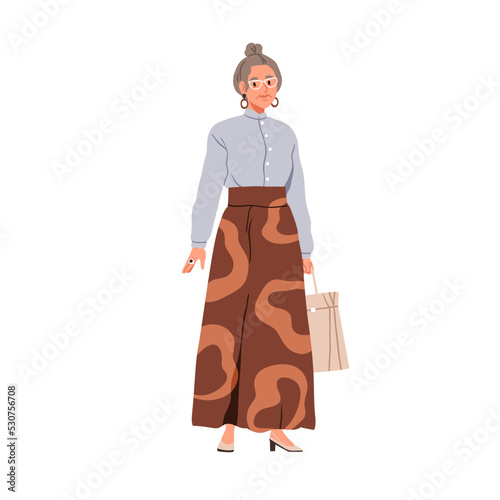 Senior old woman in modern clothes, wearing accessories, jewelry. Elegant eld...