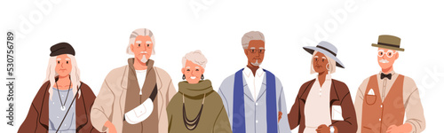 Senior elderly people in modern fashion apparel. Happy old men and women. Banner with stylish aged characters portrait in trendy outfit, clothes. Flat vector illustration isolated on white background